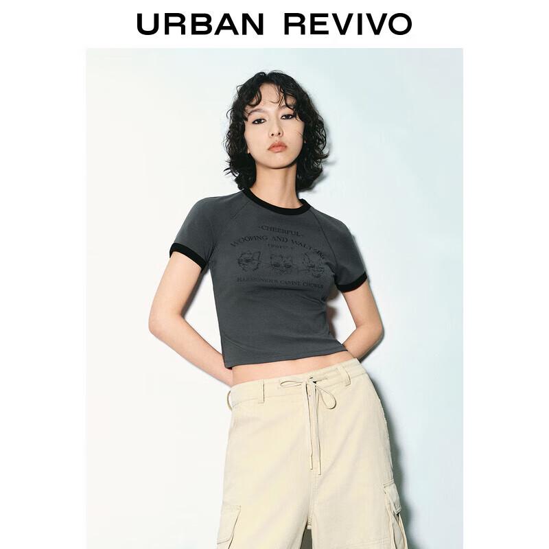 UR 2025 Spring Women s Retro Color Block Print Slim Short Sleeve T-Shirt S