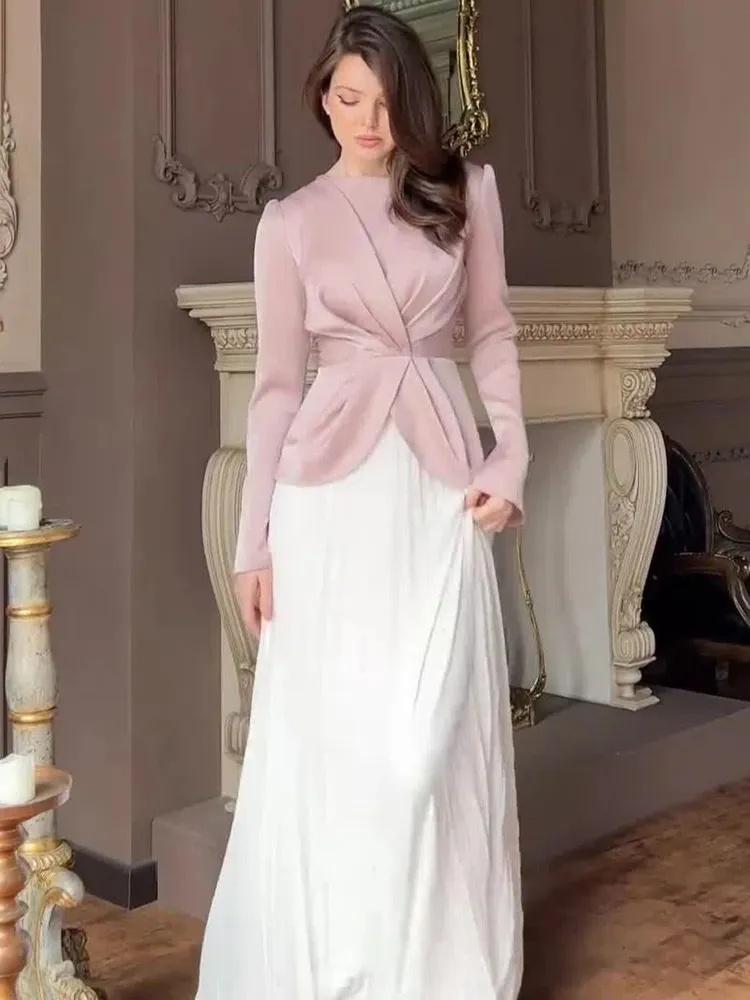 Women's Fashion Color Block Pleated Maxi Dress, Elegant Suit Long-Sleeved Dress