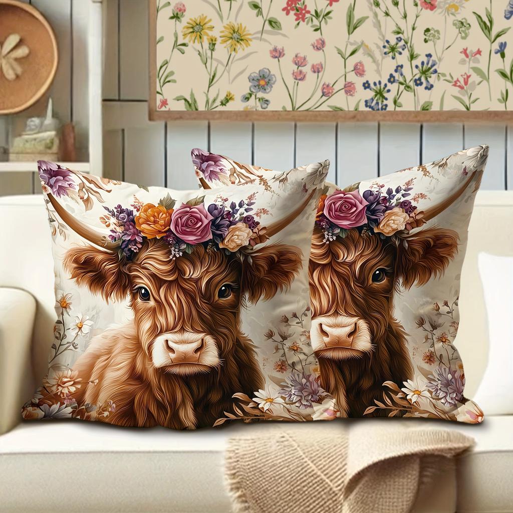 2pcs 2D Flat Highland Cow Pillowcase, Plant Print, Nordic Style Cushion Cover, Living Room, Bedroom Sofa Decoration