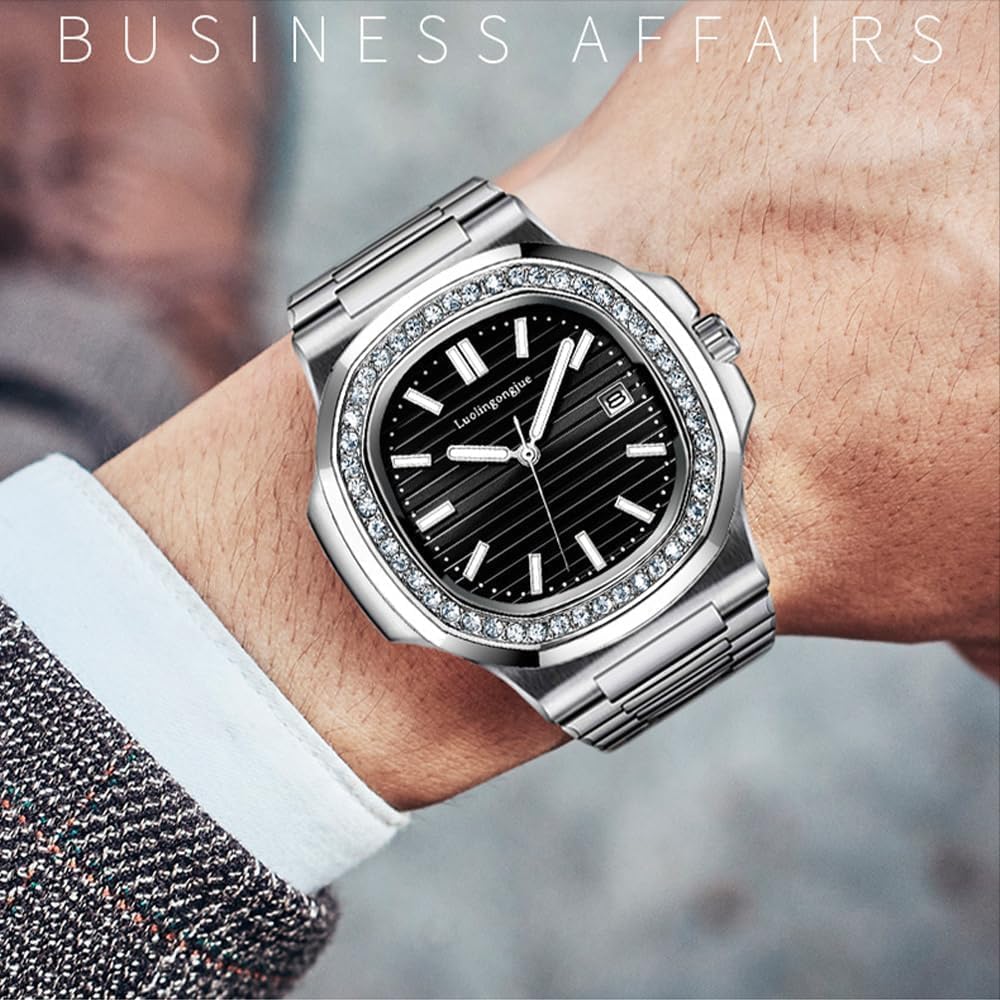 Rhinestone Bezel Automatic Mens Watches Luxury Men Fashion Clock Waterproof Stainless Steel Mechanical Wrist Watch