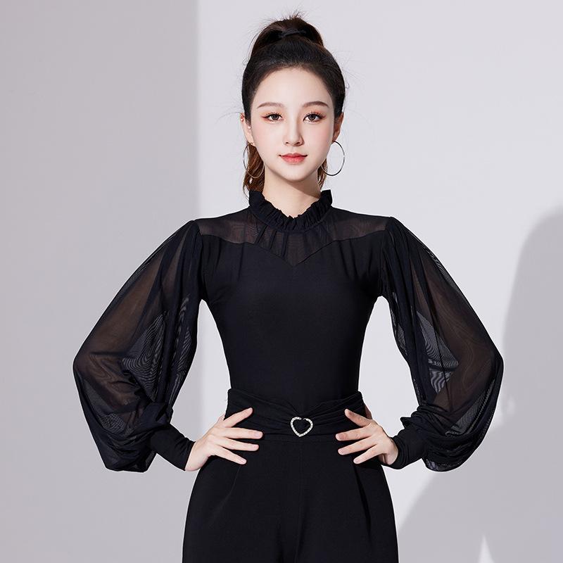 Women National Standard Dance Latin Sexy Mesh Top Women Spring Summer Ballroom Clothes for Women Exercise Clothing S чёрный