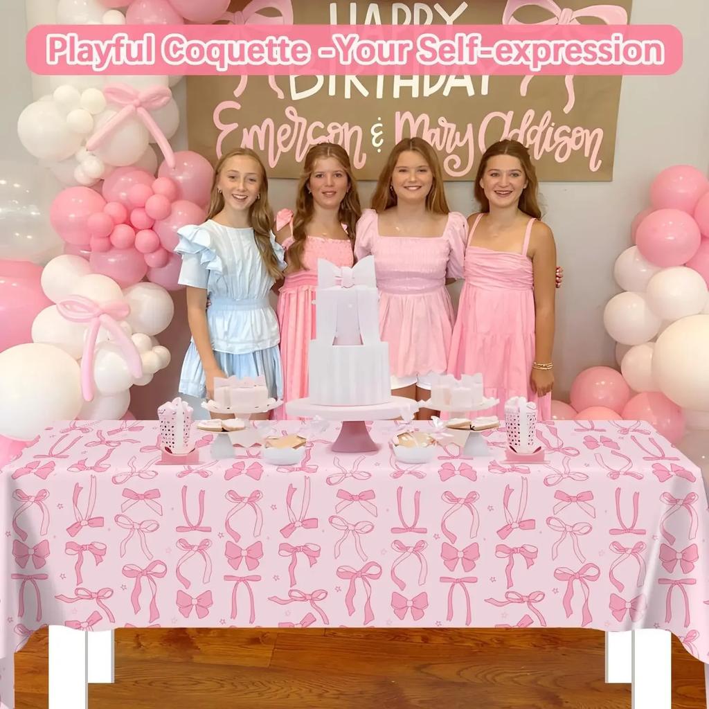 Elegant Coquette Birthday Tablecloth Large Pink Bow Rectangle Table Cover for Girls Birthday Party Stylish Decorations