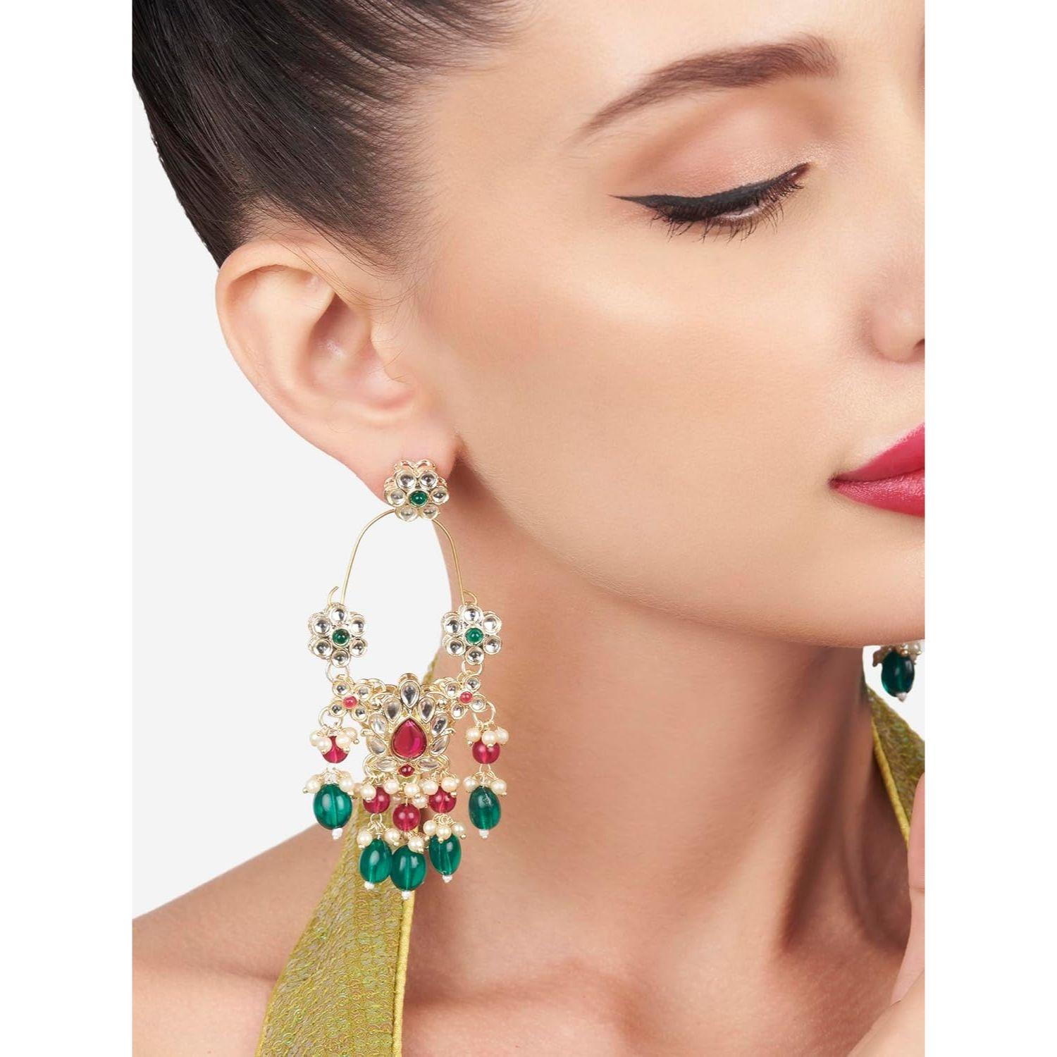 Green & Rani Pink Kundan & Beads Dangle Earring For Women