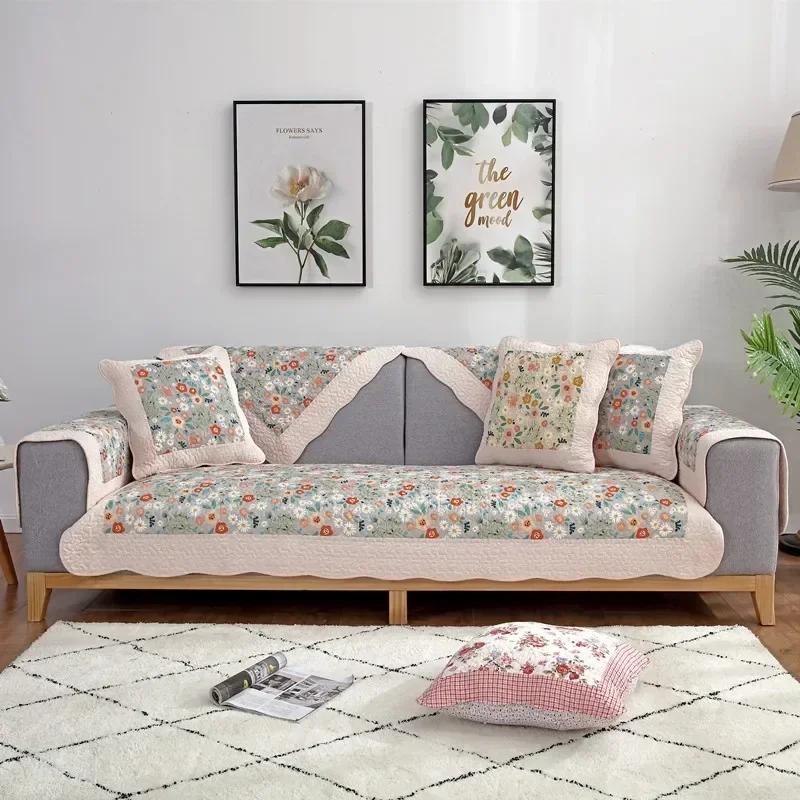 Flowers Four Seasons Cotton Sofa Cushion Little Fresh Pastoral Printed Sofa Blanket Simple Small Floral Sofa Cushion Towels