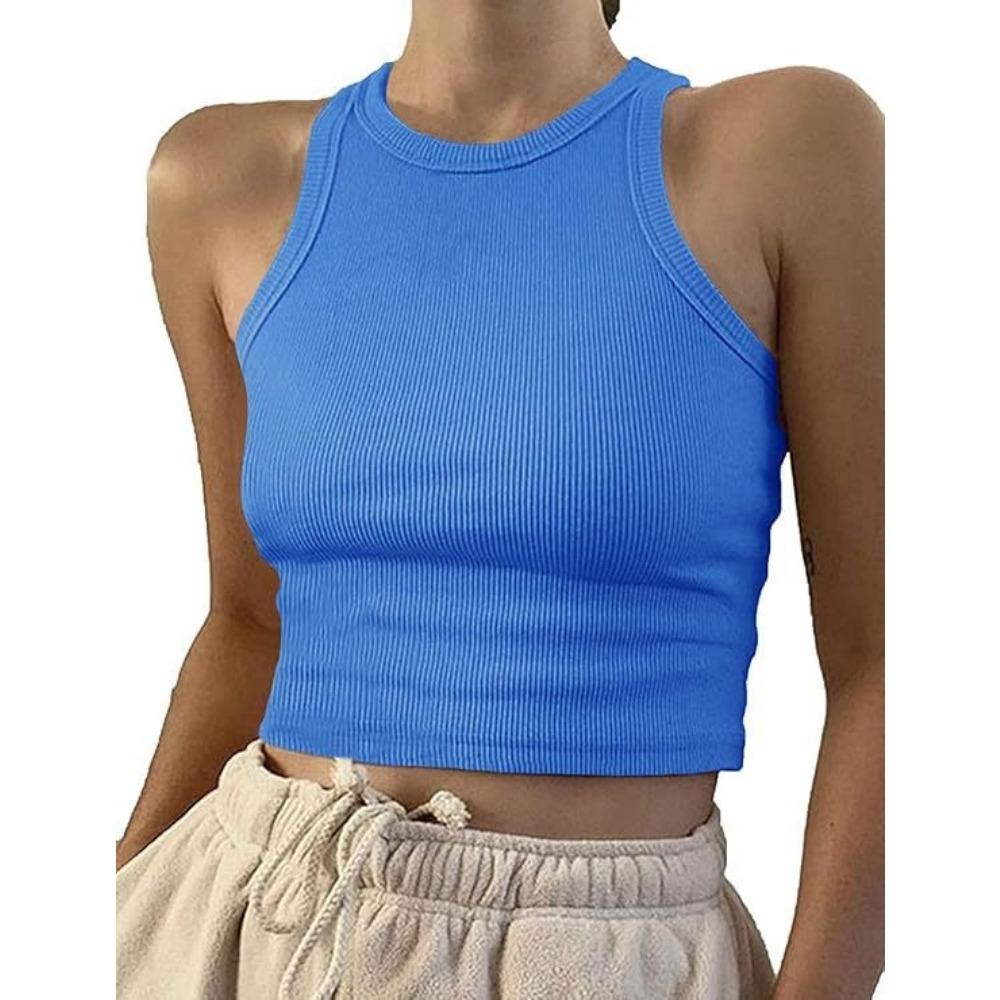 Ärmelloses Damen Crop Top Fitness Weste - Atmungsaktive Nahtlose Gestrickte Sportbekleidung, Einfarbig Gerippte Weste, Lässiges und Elegantes Ärmelloses Basic Sommer Top