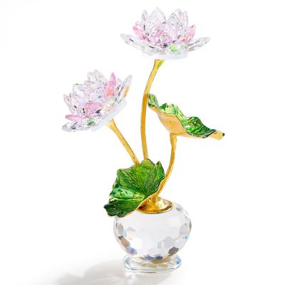 Kertari Crystal Lotus Artificial Flower Interior Ornament Good Luck K9 Crystal Glass Lotus Flower Metal Lotus Leaf Feng Shui Goods Never Withering
