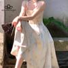 Rochie sling fără mâneci, în stil francez, retro, elegantă, rochie de vară, nouă, pentru femei, cu imprimeu din satin, slim-fit, cu design de nișă