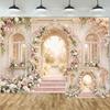 7x5ft Floral Garden Wedding Backdrop for Photography, European Arch Pink Rose Palace Background, Romantic Spring Flower