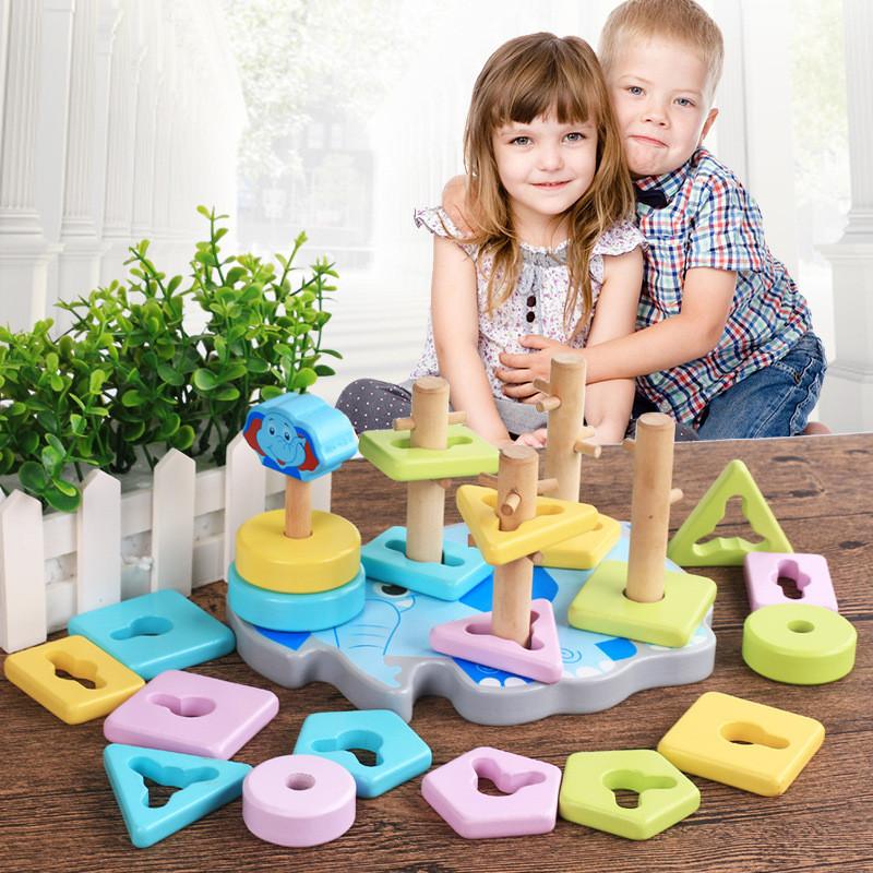 Geometric Shape Match Blocks Elephant Base Pillars Childrens Educational Toy
