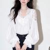 Solid Color Lace Splicing Tops Shirt Lantern Sleeves Blouse Fashion V Neck Sheath Tees  Daily Wear
