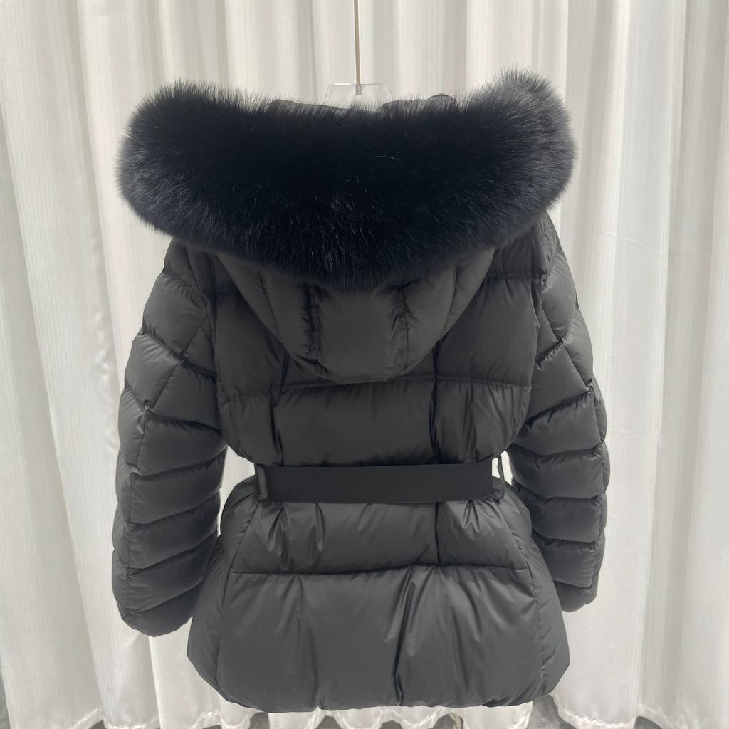 Rice tone light luxury short cotton-padded clothes women's big fur collar hooded belt waist cotton-padded jacket women's clothing offline physi