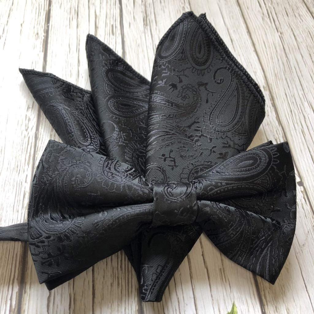 Black Paisley [Bow Tie & Pocket Square] 2-Piece Set for Men - One-Touch Closure - Casual & Formal - Black