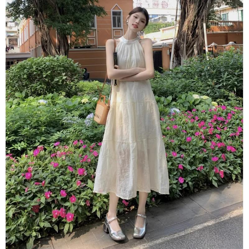 Small French retro lace neck dress summer new sexy sleeveless off-the-shoulder big swing dress children