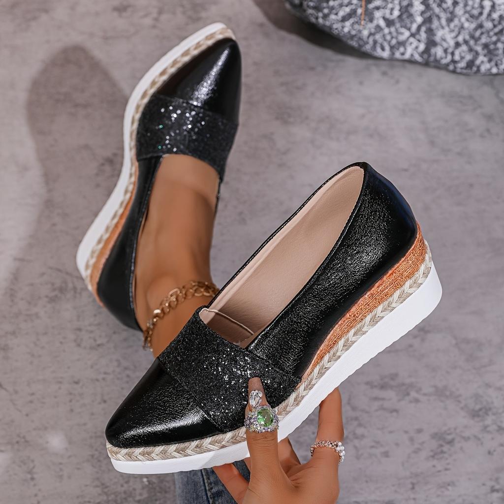 Women's Spring Pointed-Toe Sequined Wedge Slip-On Flats in Plus Size