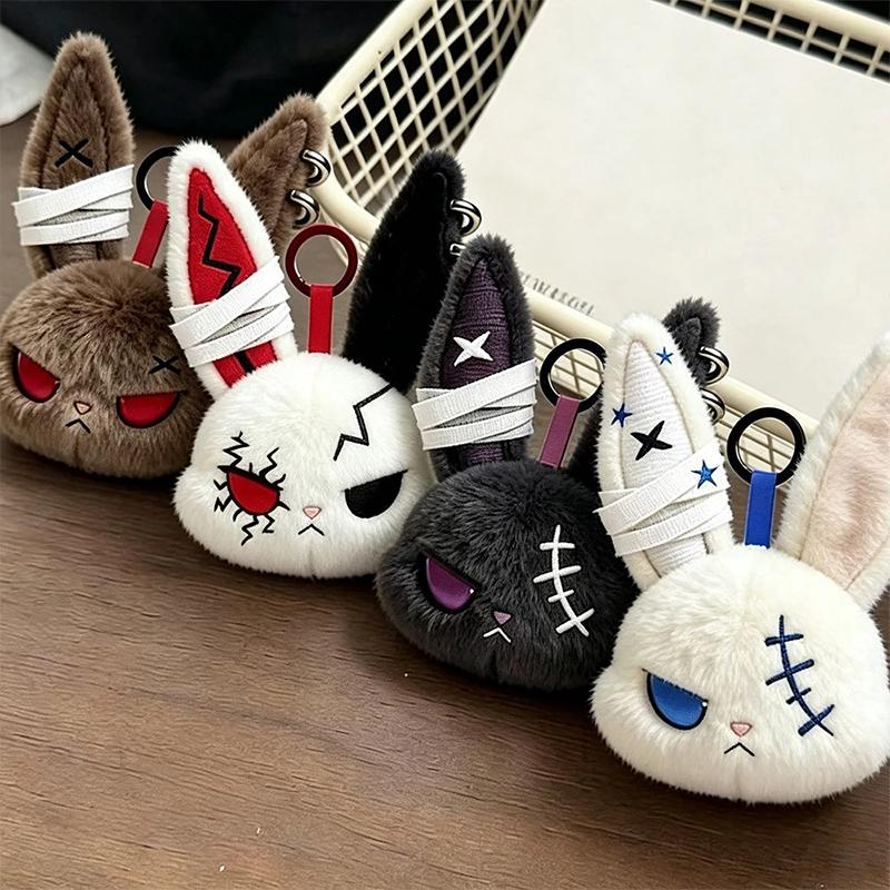 1Pcs Gothic Plush Rabbit Keychain With Soft Fluffy Texture And Cool Punk Design Perfect For Bag Decoration And Gifting
