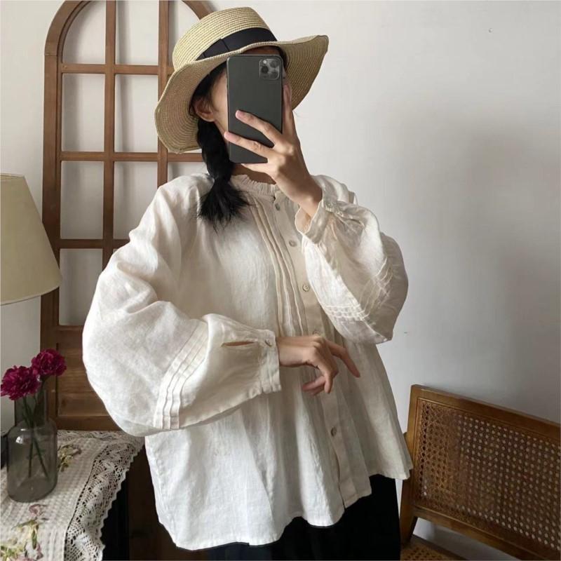 Johnature Bluze de damă cu volane, primăvară, vintage, culoare solidă, plisate, vrac, casual, simple, asortate