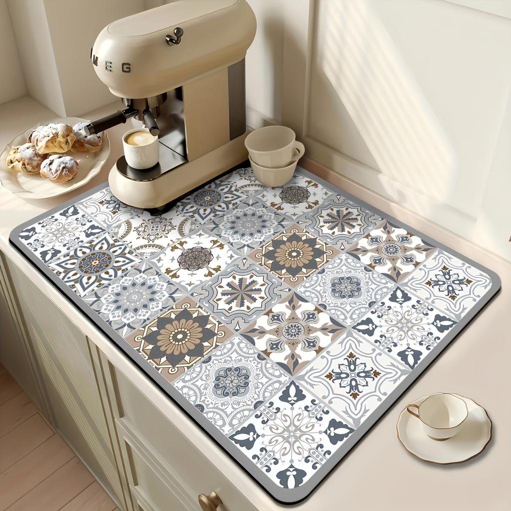 1pc Super Absorbent Dish Drying Mat, Quick Dry Non-Slip Kitchen Sink Mat with Retro Floral Pattern, Waterproof Countertop Pad