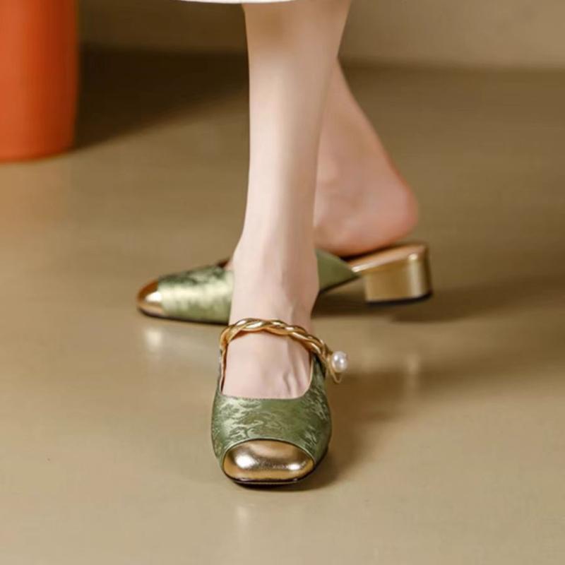 Fashion Spring and Autumn New Brand Square Toe Women's Thick Heel Slippers Fashionable Women's Elegant Low Heel Slip-On Sandals