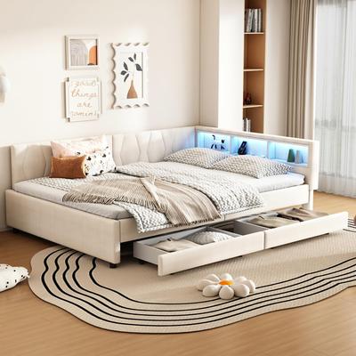 Sofa Bed Daybed 140x200 Cm Two Drawers 16-color LED USB+Type-C Storage Compartment Slatted Frame (without Mattress) Linen Beige