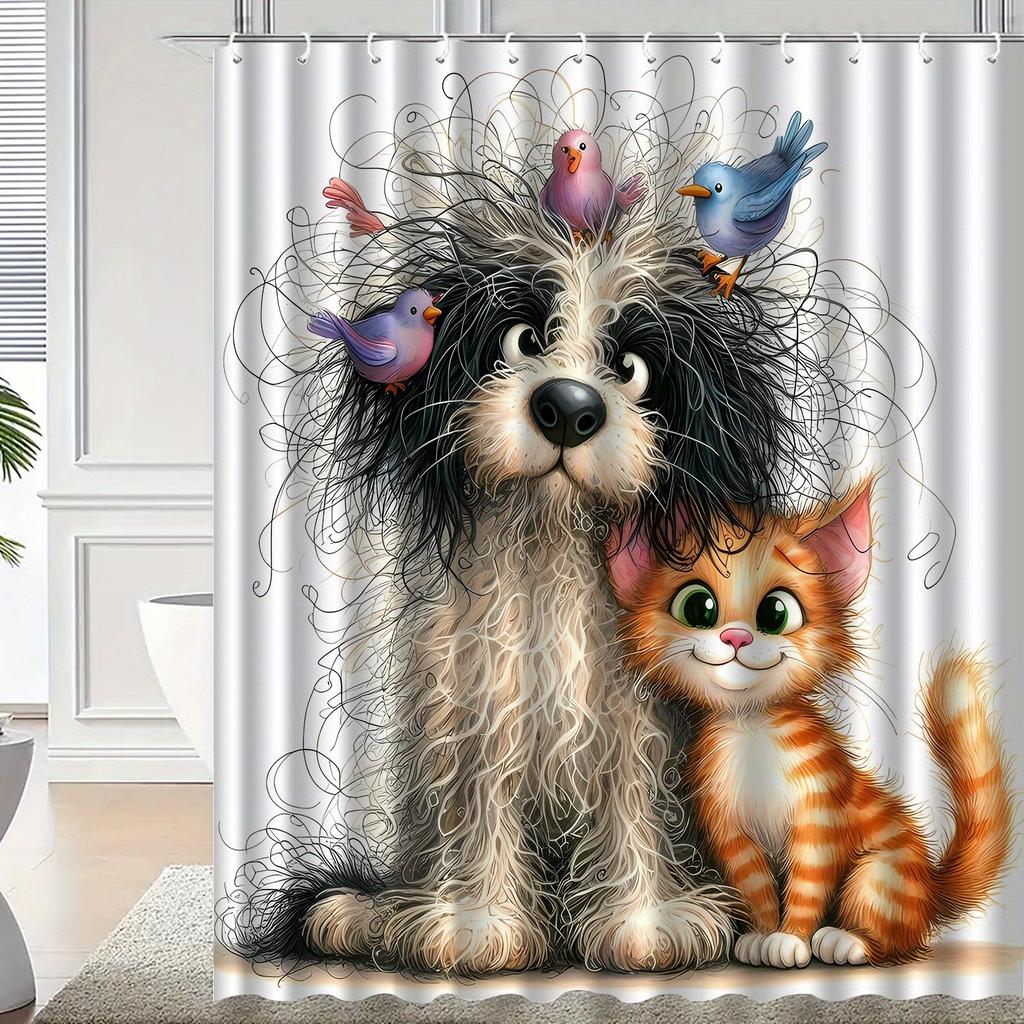 Cute Dog And Cat With Birds Shower Curtain 3D Printed Bathroom Decor Animal Theme Home Fashion Design Trend