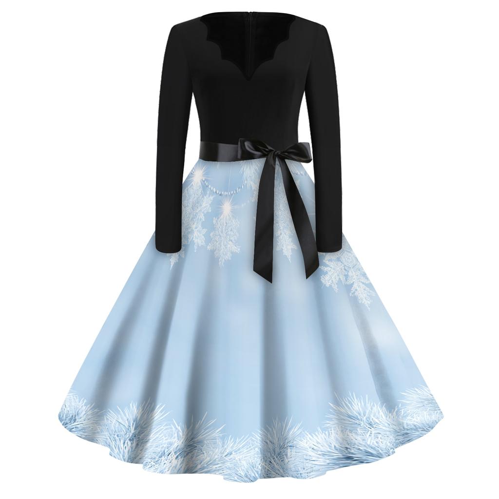 Women's Retro V-Neck Christmas Print Dress with Snowflake and Christmas Tree Pattern