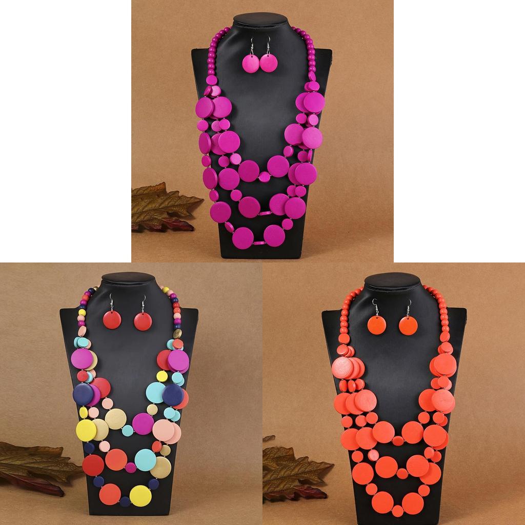 Bohemian Geometric Wooden Bead Multilayer Necklace And Earring Set For Women