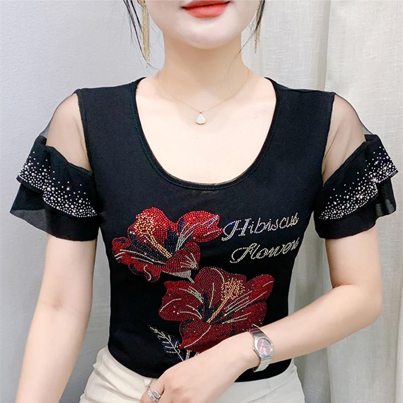 

Новая Летняя Женская Футболка с Цветами, Корейская Одежда, Блестящие Топы с Горячими Стразами, Элегантная Футболка с Коротким Рукавом и Круглым Вырезом, Роскошная Женская Футболка XL чёрный
