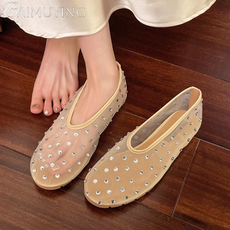 Fashion Mesh Flats Crystal Sandals Women Ballet Shoes Summer Slippers 2025 Trend Casual Loafer Shoes Designer Dress New Sandalias Mujer