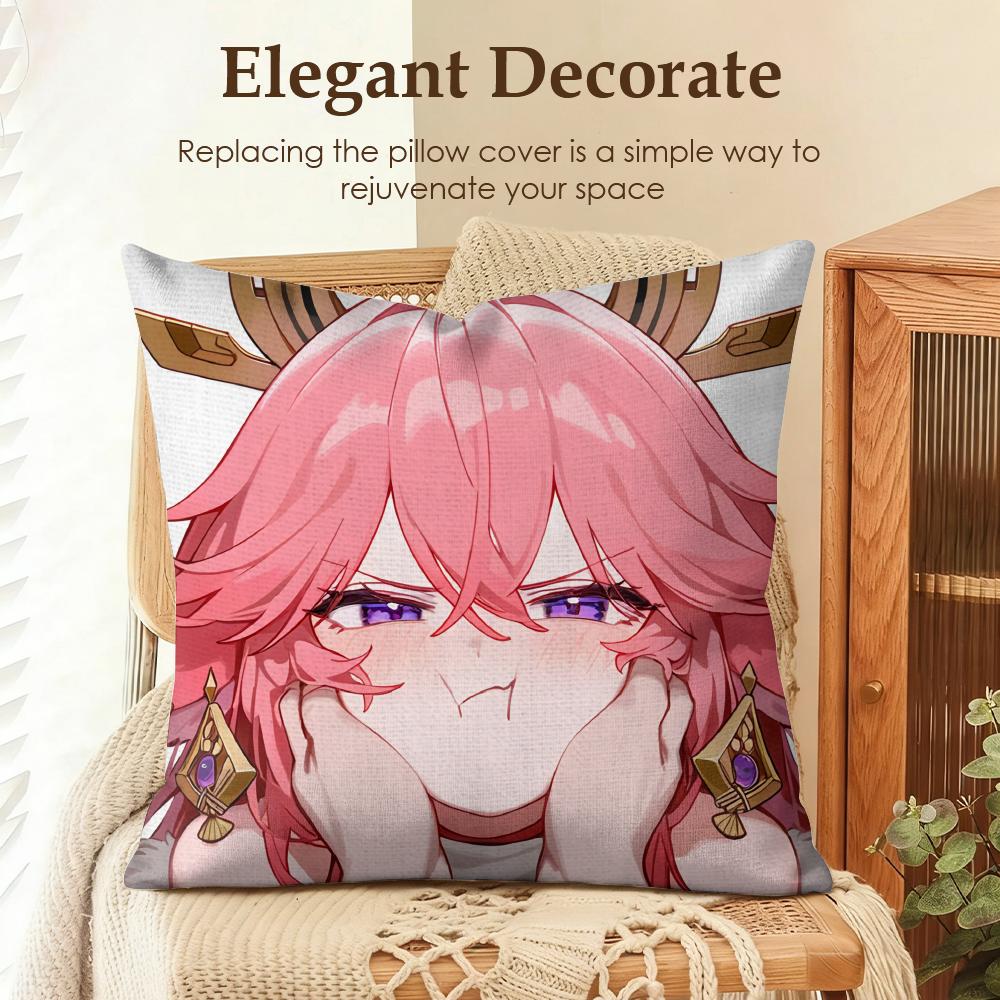 Yae Miko Genshin Impact Cushion Cover Natural Linen Organic Fabric DoubleSided Printing Sofa Home Decor Gift Pillow Case