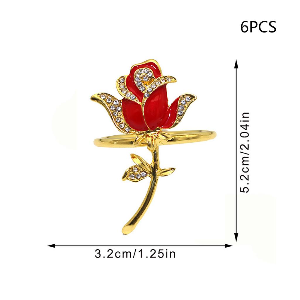 6 Pcs Red Floral Rhinestone Napkin Rings Serviette Buckle Rose Flower Napkin Holders for Party Dinner Table Decor