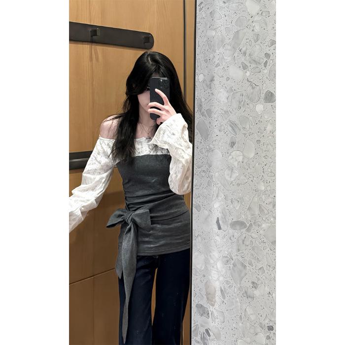 

Французско-корейский топ с открытыми плечами, кружевной, колор-блок, с завышенной талией, с бантом, из двух частей, женский, стройнящий, весенний Large серый