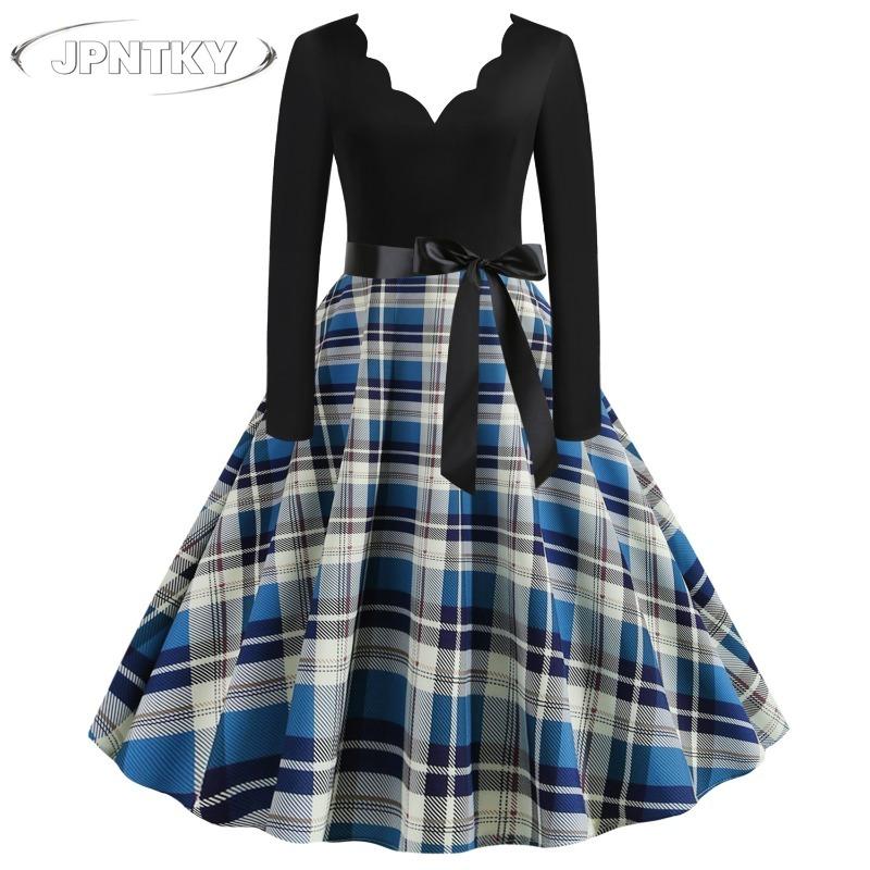 JPNTKY Fashion Spring Autumn V-Neck Long Sleeve Casual Dresses