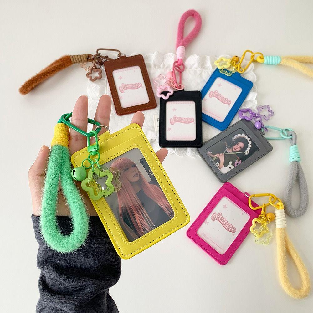 Creative PU Leather Card Holder Double Card Slot with Lanyard Photos Protective Cover Card Bag