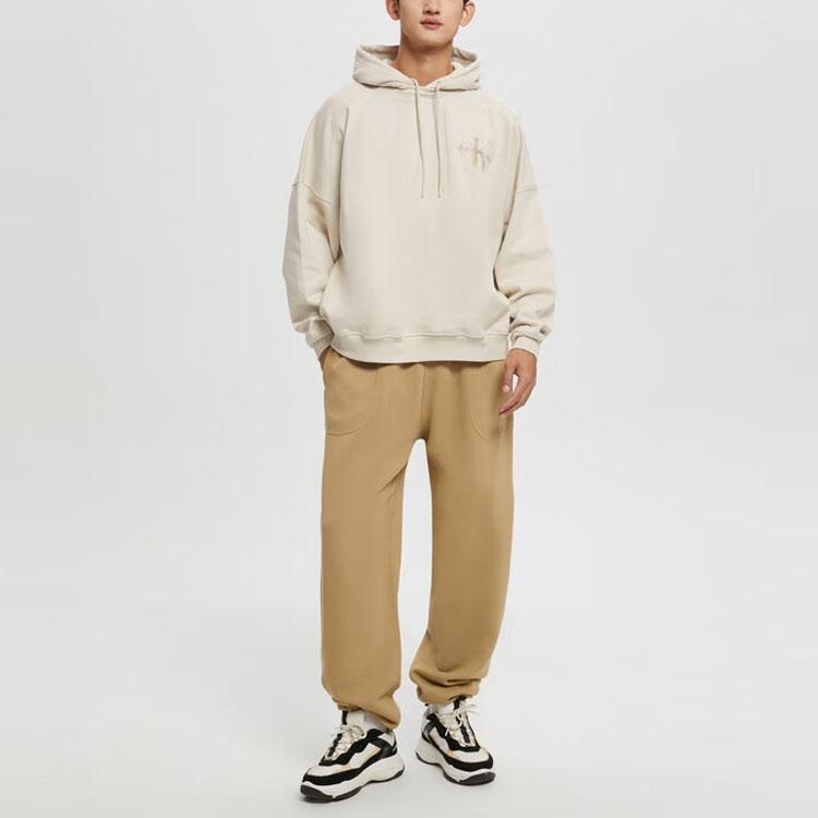 Calvin Klein Letter Print Hooded Oversized Fleece Pullover Sweatshirt Unisex Tops Beige J400191-ACF