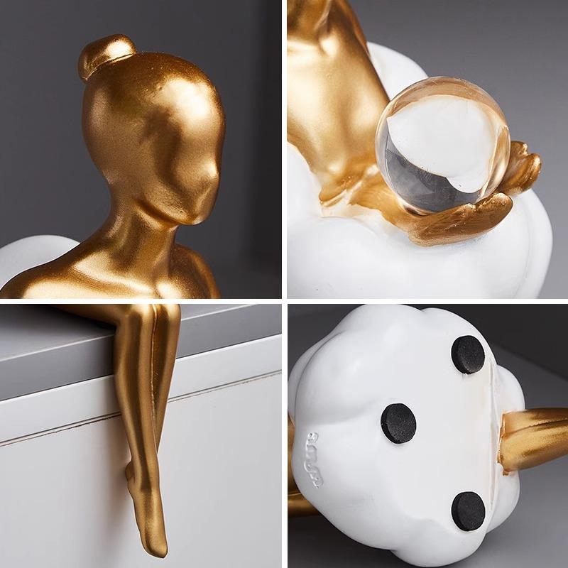 Creative Gold Modern Abstract Art Girl Figurine – Luxury Sitting Sculpture for Home, Living Room, Bookshelf, and Office Decor