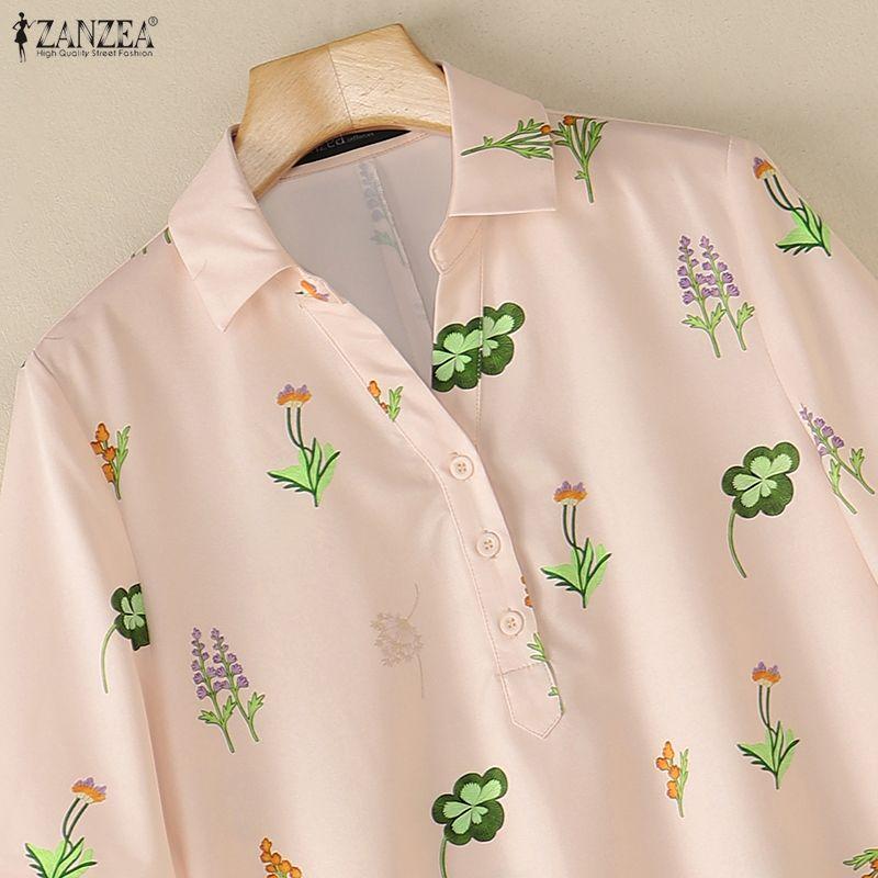 ZANZEA Women Casual Turn Down Collar Loose Half Sleeve Floral Print Blouse