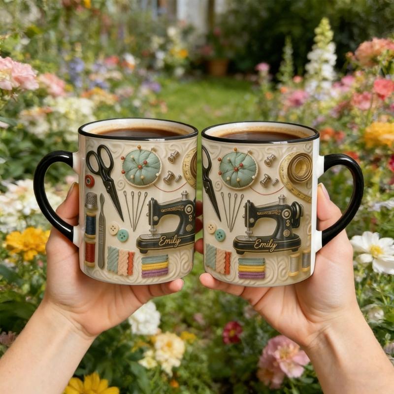 High Quality Ceramic Sewing Theme Coffee Cup Durable And Safe Ceramic Drinkware Cup For Daily Use 11oz Generous Size.