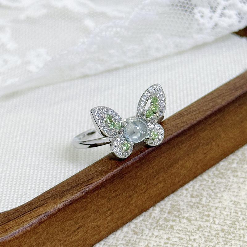 [Cuiying Blumensprache] Kleine frische Farbjuwelen Grün Voll Diamant Zirkon Vierblättriges Kleeblatt Offener Ring Damen Hochwertiger Ring