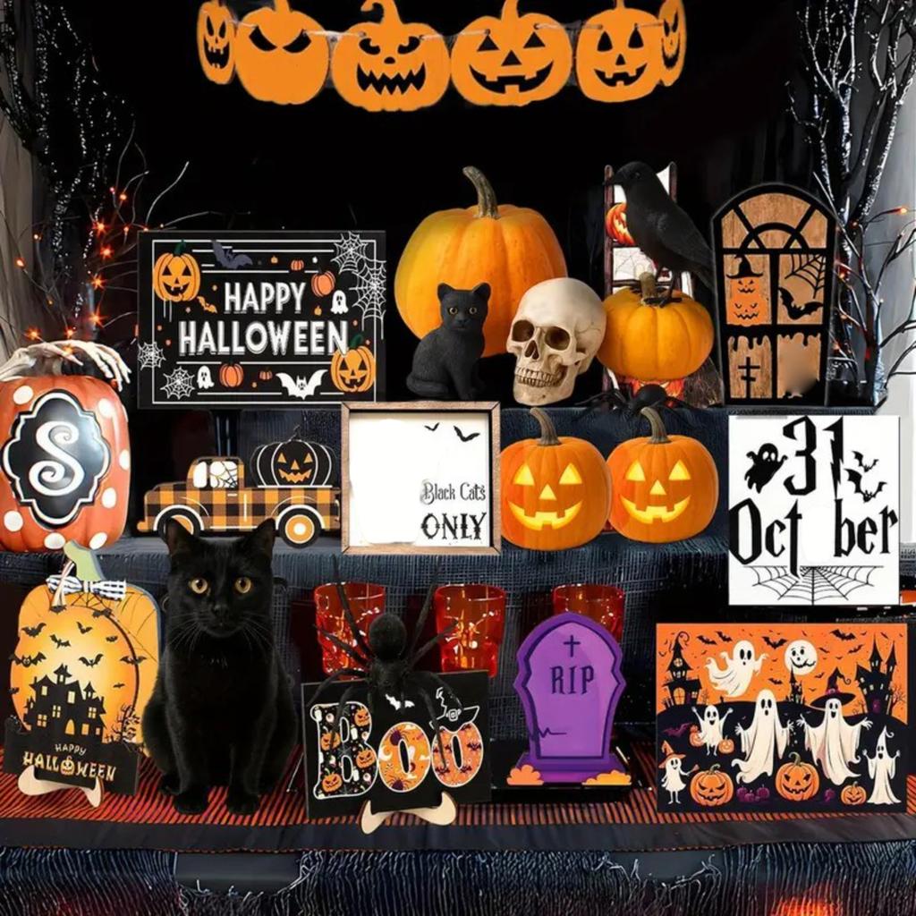 Halloween Packaging Tray Cat Pumpkin Castle Ornaments Wooden Crafts Holiday Ornaments