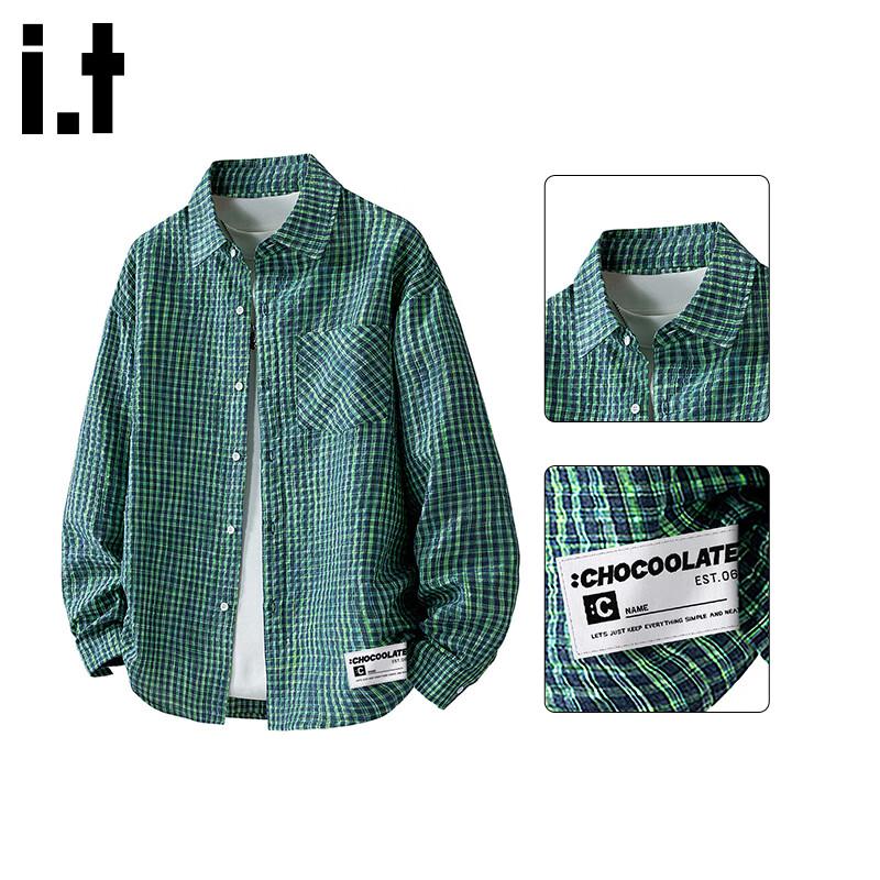 :CHOCOOLATE Men's Seersucker Plaid Long Sleeve Shirt