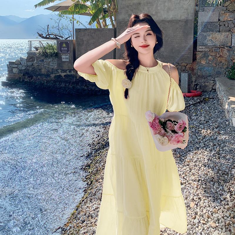 

Сладкое желтое платье женское летнее новое с открытыми плечами вырез горловины юбка XL лимонно-желтый