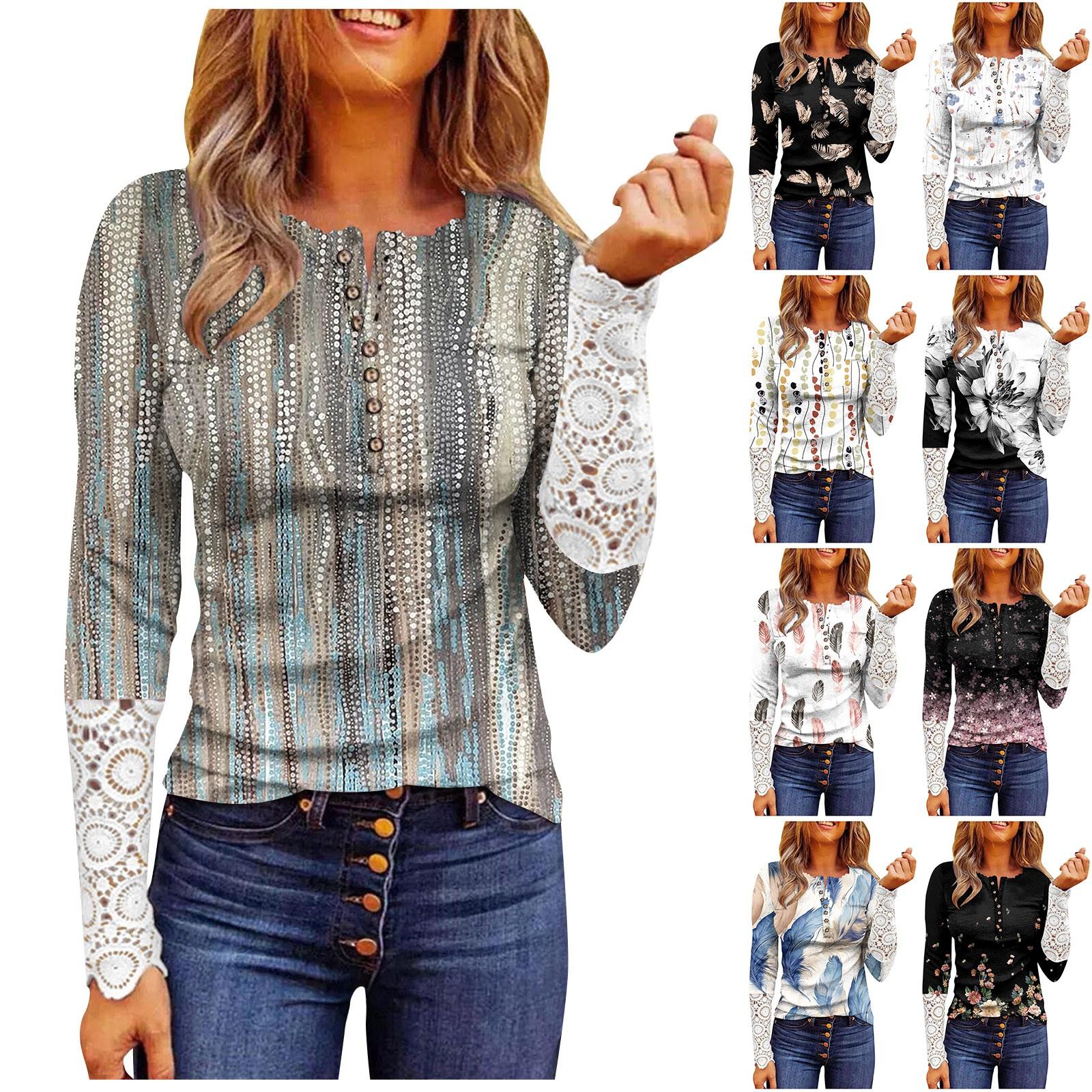 

Женский круглый вырез с пуговицами, осенний тонкий кружевной топ с цветочным принтом и длинными рукавами