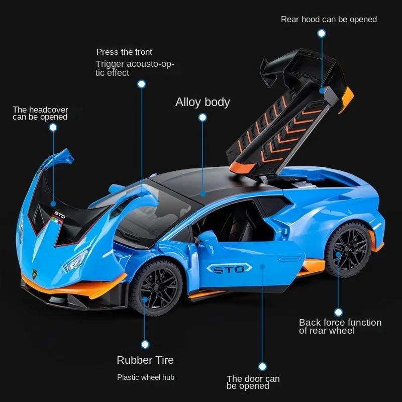 Alloy 1/24 Lambo Huracan STO Sport Car Model Diecast Toys Vehicles Sound and Light Voiture Miniature Collective Home Decoration