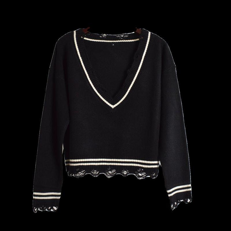 Spring & Fall New V-neck Short Tassel Raw Hem Ripped Long Sleeves Sweater Women's Thin Loose Slimming Sweater Tops