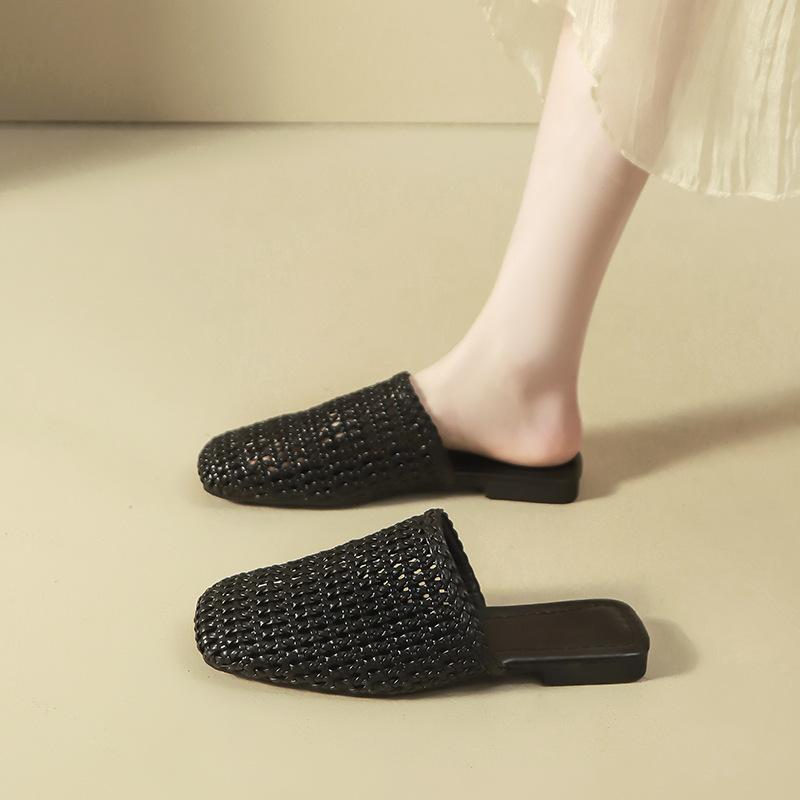 Silver Outer Wear Hollow Woven Bag Head Half Slippers Women's Summer 2025 New Versatile Internet Celebrity Flat Cool Slippers