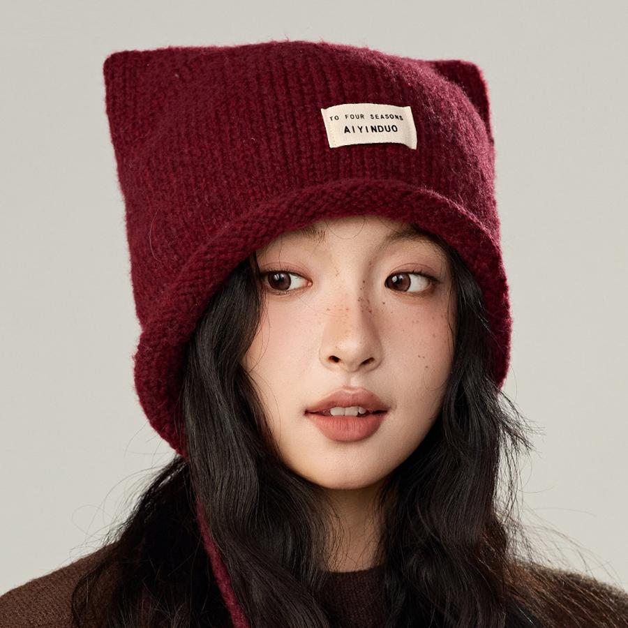 

Осенне-зимняя женская вязаная шапка теплая защитная шапка для ушей красный