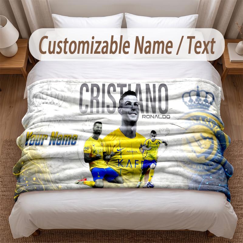 Cristiano Ronaldo Printed Flannel Blanket Custom Name Text Soft Warm Throw For Bedroom Holiday Gift
