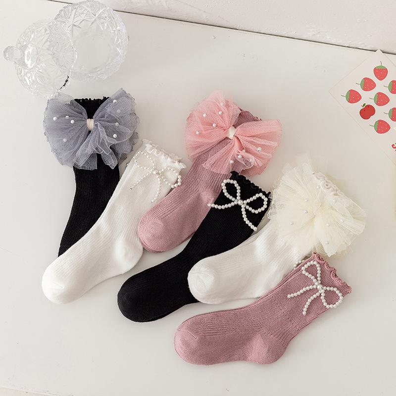 Girls' Ruffled Cotton Socks with Pearls and Bows