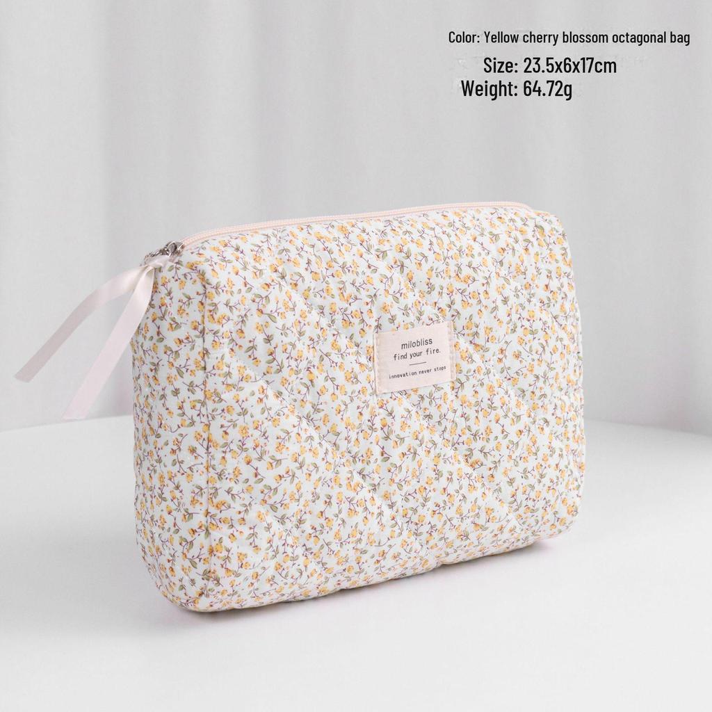 High-Capacity Quilted Floral Cosmetic Handbag