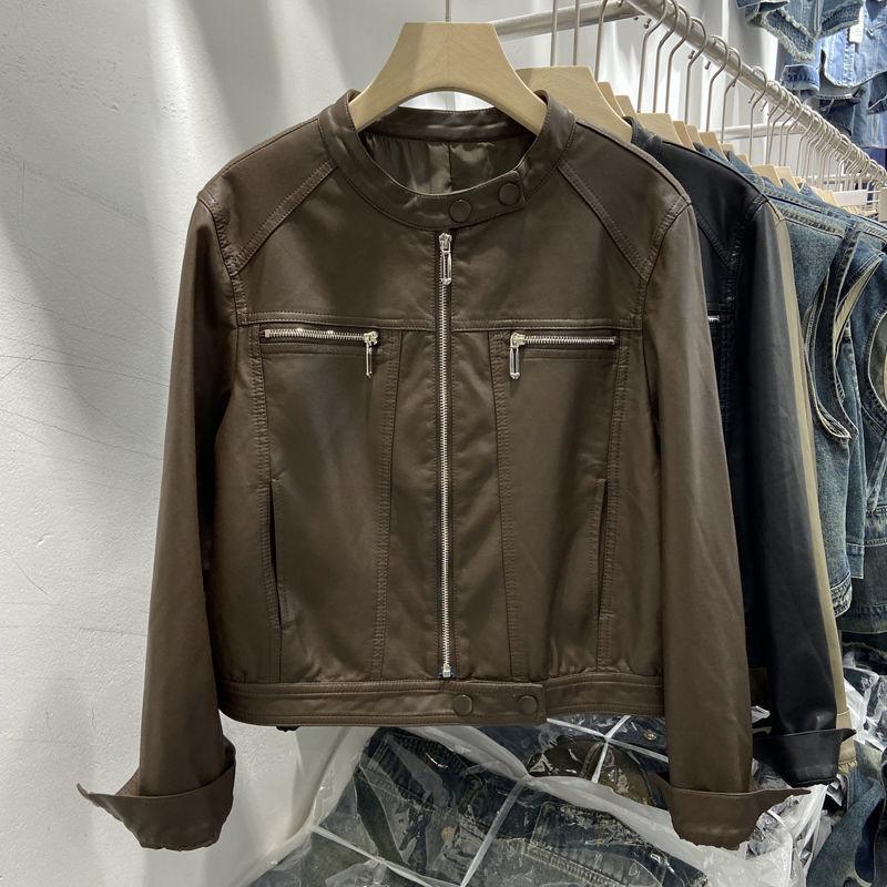 Leather Jacket Women's Autumn Clothing New Small Stand-up Collar Trendy Cool Foreign Style Niche Short Washed Locomotive Leather Jacket Trendy